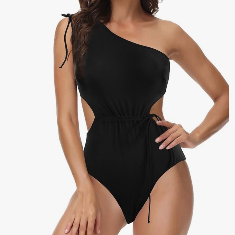 Black One-Shoulder One Piece Cutout Swimsuit